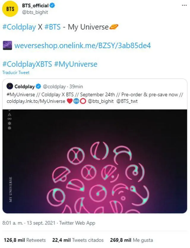 BTS y Coldplay en "My Universe". Foto: Twitter