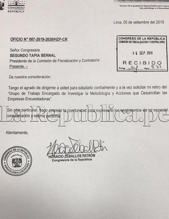 Horacio Zeballos envió carta a Segundo Tapia. No será parte del grupo de trabajo que investigará a encuestadoras.