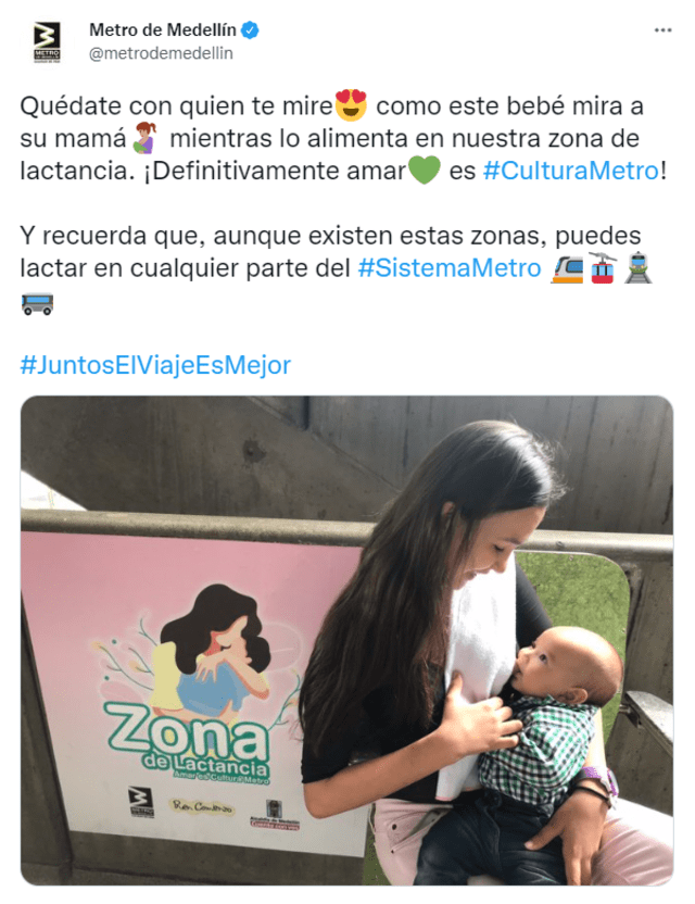 Publicación que promueve la lactancia en el Metro de Medellín. Foto: Twitter Metro de Medellín