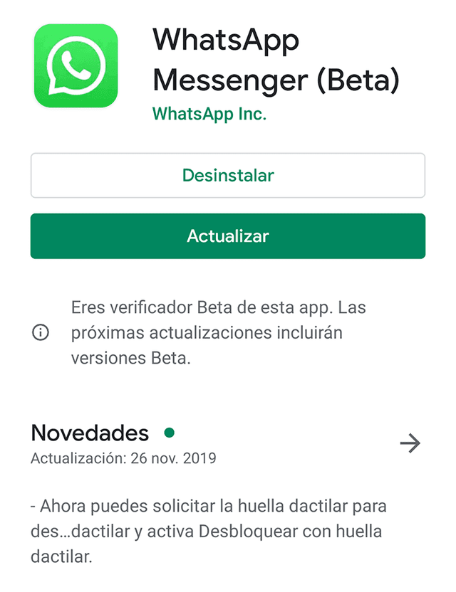 Programa beta de WhatsApp para Android.