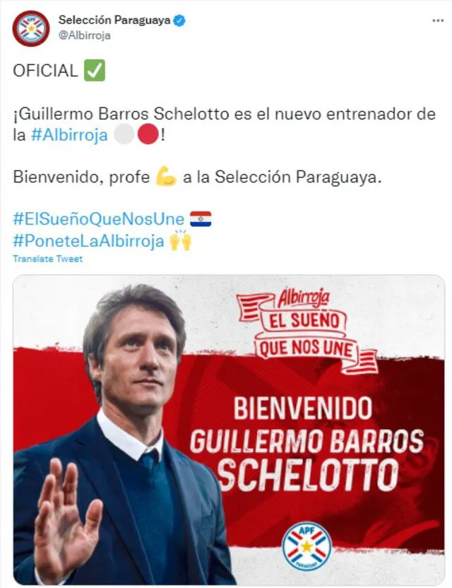 Paraguay anunció la llegada de Guillermo Barros Schelotto. Foto: Captura Twitter