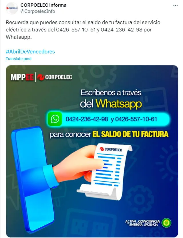 Corpoelec | Corpoelec por whatsapp | servicio de electricidad