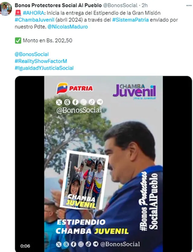 El Gobierno de Venezuela, encabezado por Nicolás Maduro, anunció la entrega de los bonos Chamba Juvenil y Somos Venezuela correspondientes a abril 2024 vía Patria. Foto: composición LR/X   