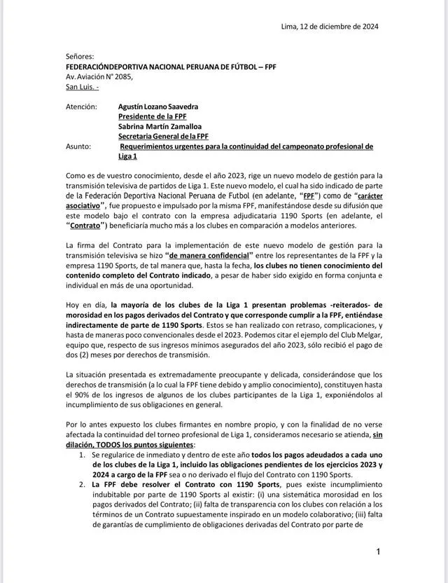 Carta enviada a la FPF sobre contrato con 1190 Sports. Foto: captura de documento Carta enviada a la FPF sobre contrato con 1190 Sports. Foto: captura de documento