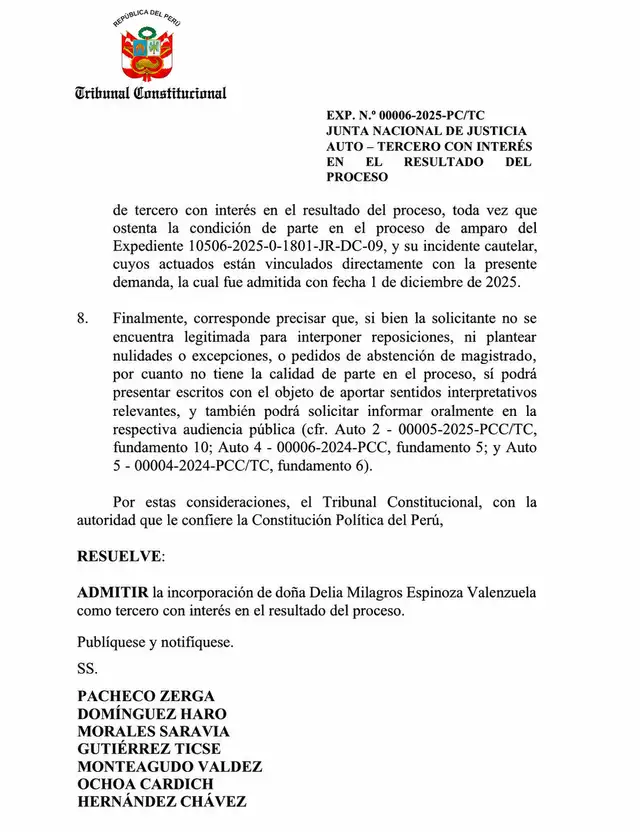 Decisión del Tribunal Constitucional sobre el pedido de incorporación como tercero de Delia Espinoza