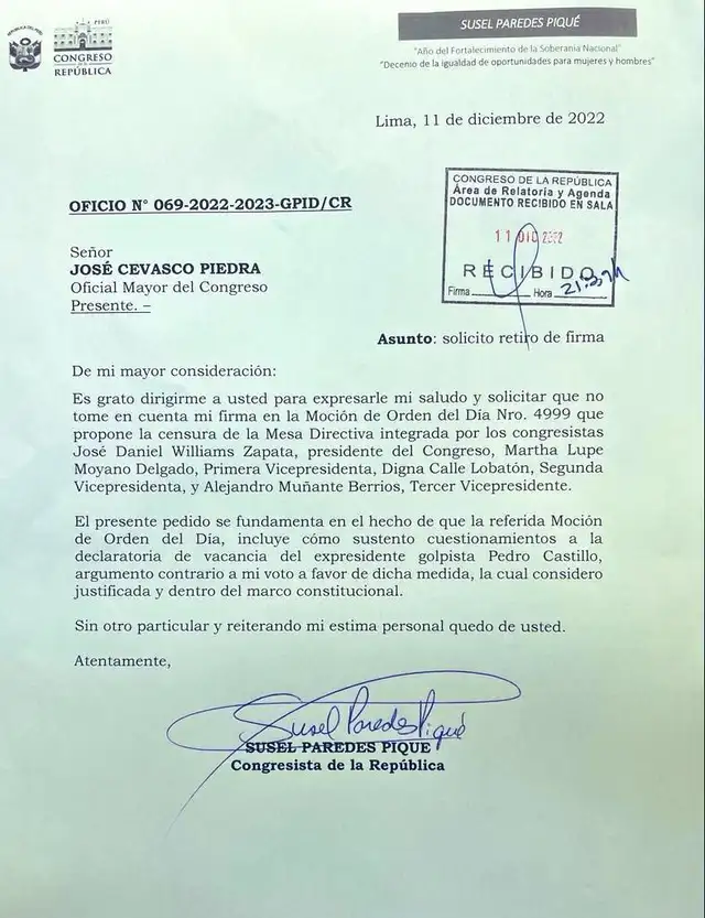Oficio enviado por Susel Paredes Oficio enviado por Susel Paredes