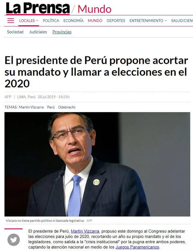 La Prensa informa sobre la propuesta de adelanto de elecciones del presidente Vizcarra. Foto: Captura