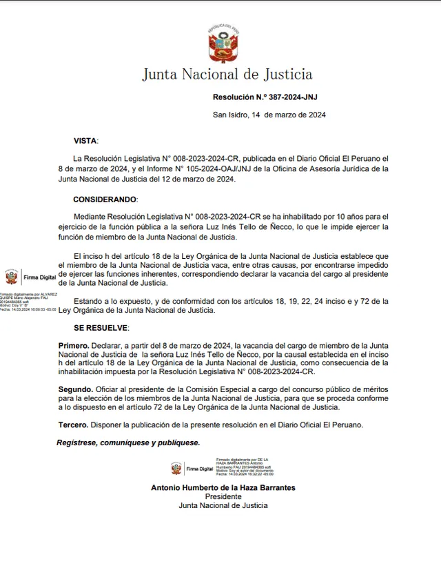 Declaración de vacancia de Inés Tello. Foto: JNJ   