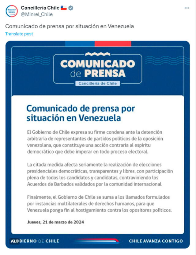 Chile denuncia medidas de régimen venezolano en contra del equipo de María Corina Machado. Foto: composición LR/X.   
