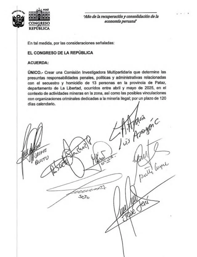  Acuerdo firmado por los congresistas que busca crear la comisión investigadora | Foto: Congreso.    