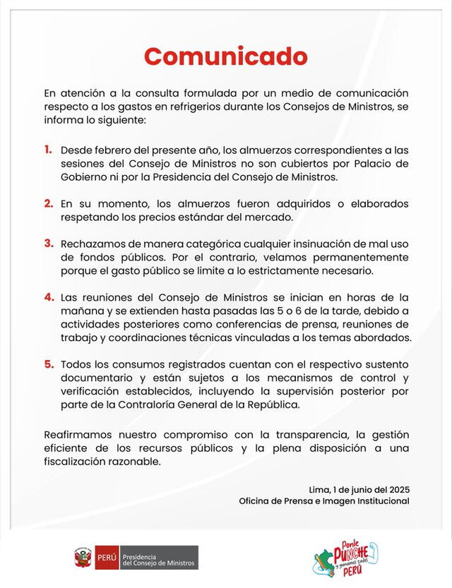 Comunicado de la PCM. Foto: PCM/X Comunicado de la PCM. Foto: PCM/X