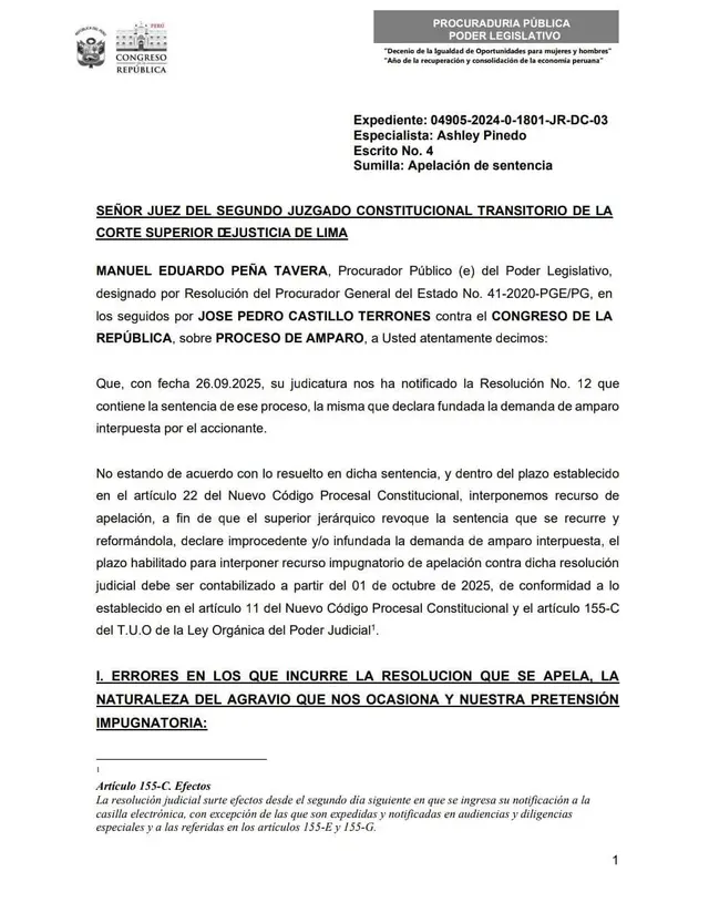 Documento de apelación del Congreso al Poder Judicial. Foto: difusión Documento de apelación del Congreso al Poder Judicial. Foto: difusión