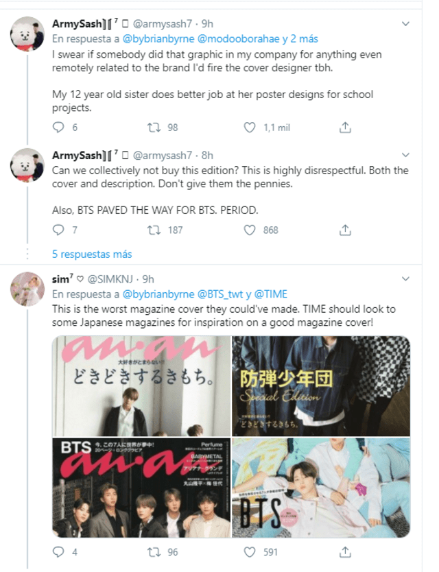 ARMY solicitando un mejor diseño en la portada para la edición especial de BTS, poniendo como ejemplo covers de revistas japonesas. Crédito: captura Twitter