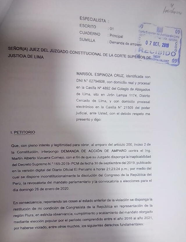 Recurso de amparo que presentó Marisol Espinoza contra Martín Vizcarra. Fuente: La República