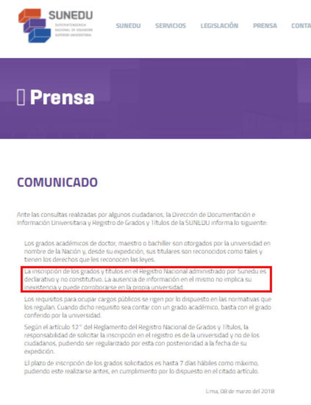 Comunicado Sunedu. Foto: captura web Sunedu. Comunicado Sunedu. Foto: captura web Sunedu.