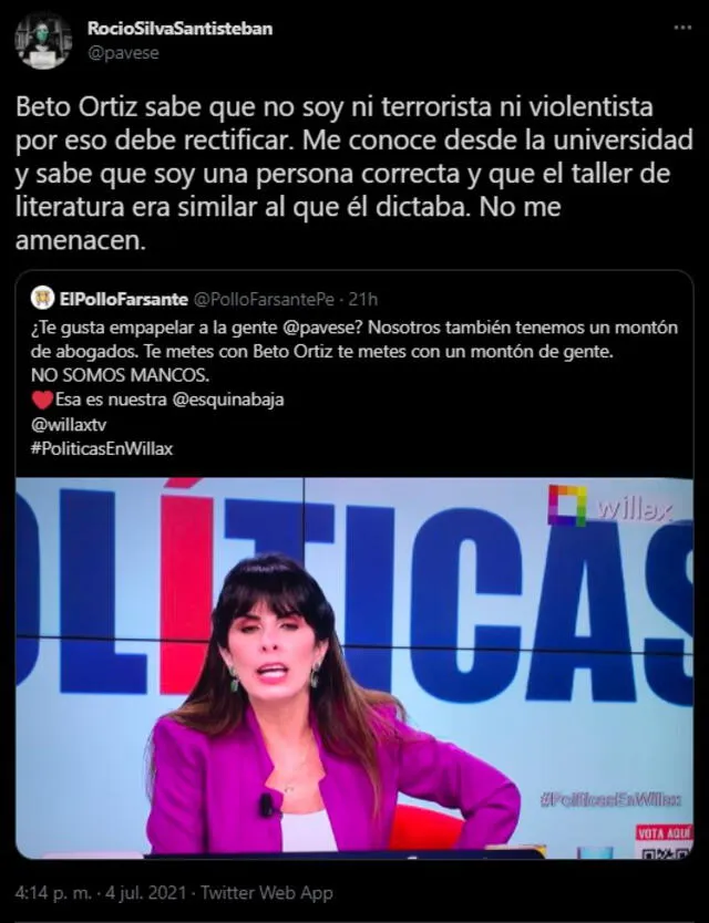 Rocío Silva Santisteban sobre Beto Ortiz: "Sabe que no soy ni terrorista ni violentista"
