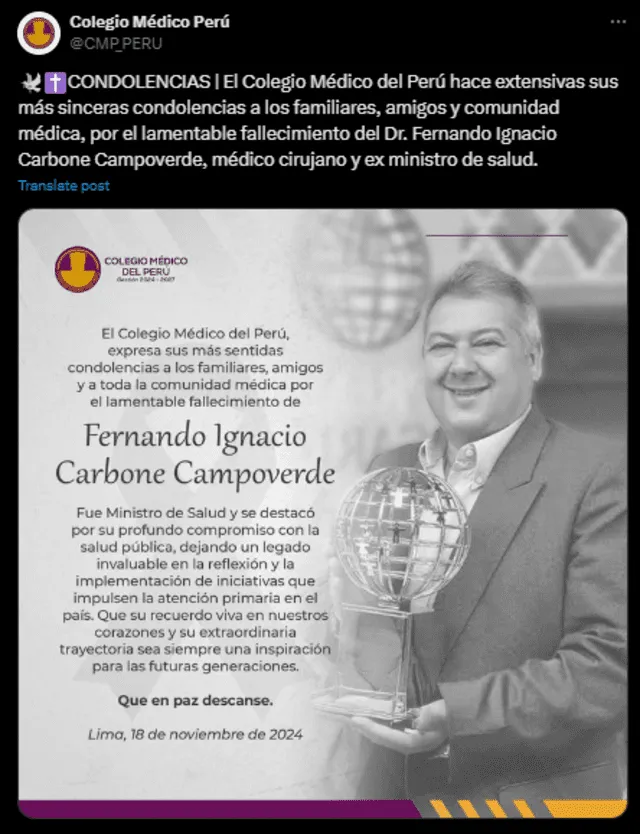 Colegio Médico del Perú envió sus condolencias a la familia de Fernando Carbone Campoverde   