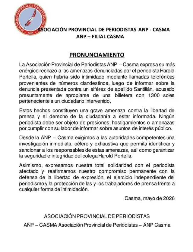 Comunicado de la ANP sobre amenaza a periodista.