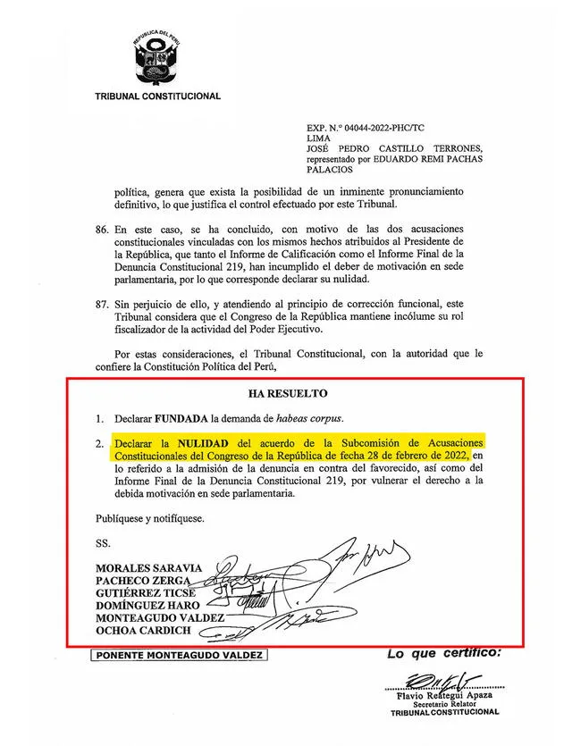 Documento emitido por el Tribunal Constitucional. Foto: difusión