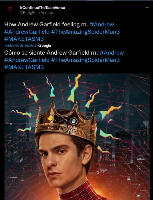 Fans piden regreso de Andrew Garfield como Spider-Man. Foto: captura de Twitter