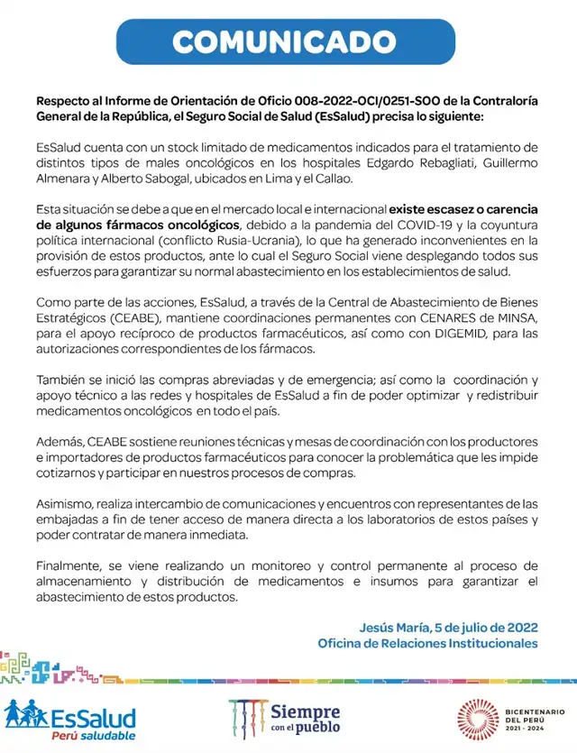 Comunicado EsSalud 5 de julio 2022