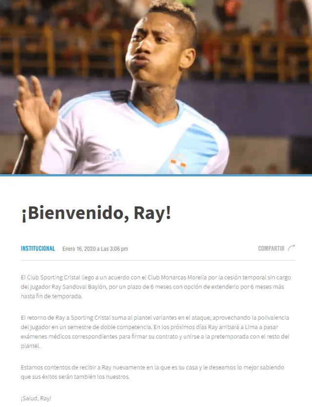 Sporting Cristal le dio la bienvenida a Ray Sandoval.