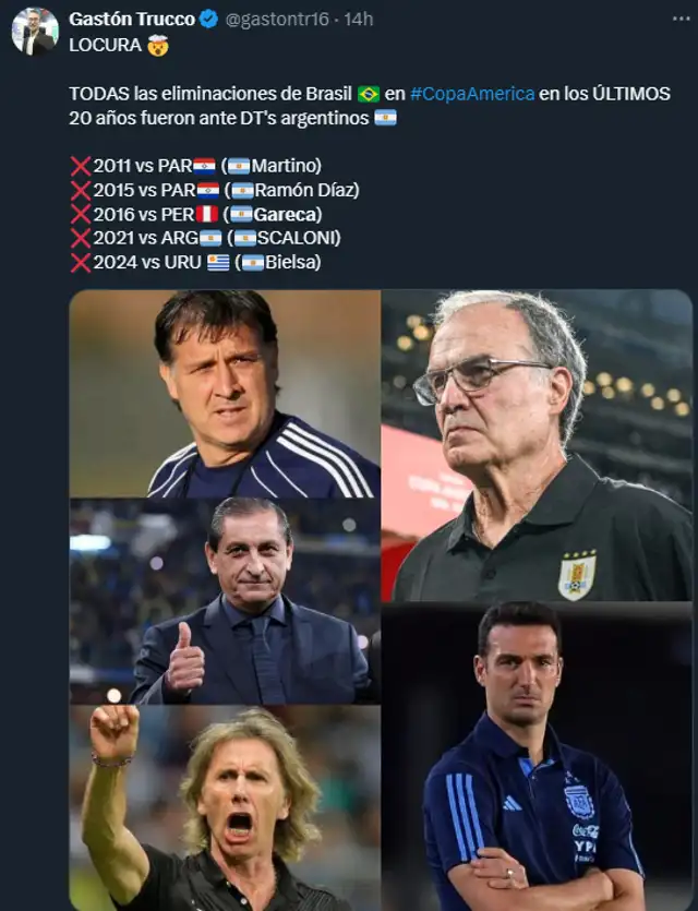 Brasil y su pésima estadística ante técnicos argentinos. Foto: X/Gastón Trucco. Brasil y su pésima estadística ante técnicos argentinos. Foto: X/Gastón Trucco.