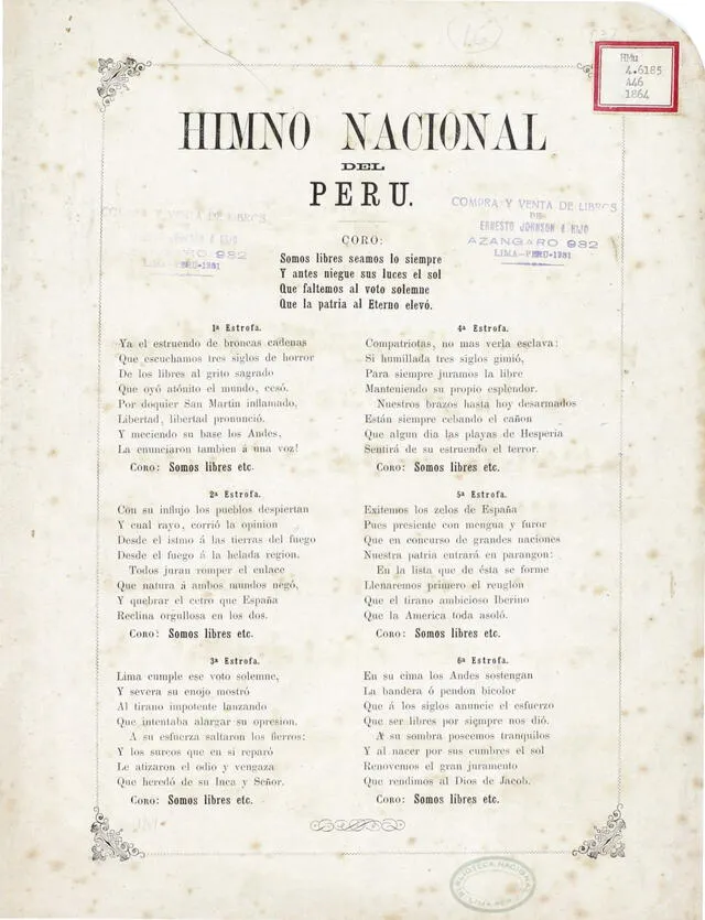  Himno nacional en español, por José Bernardo Alzedo. Foto: Biblioteca Nacional del Perú   