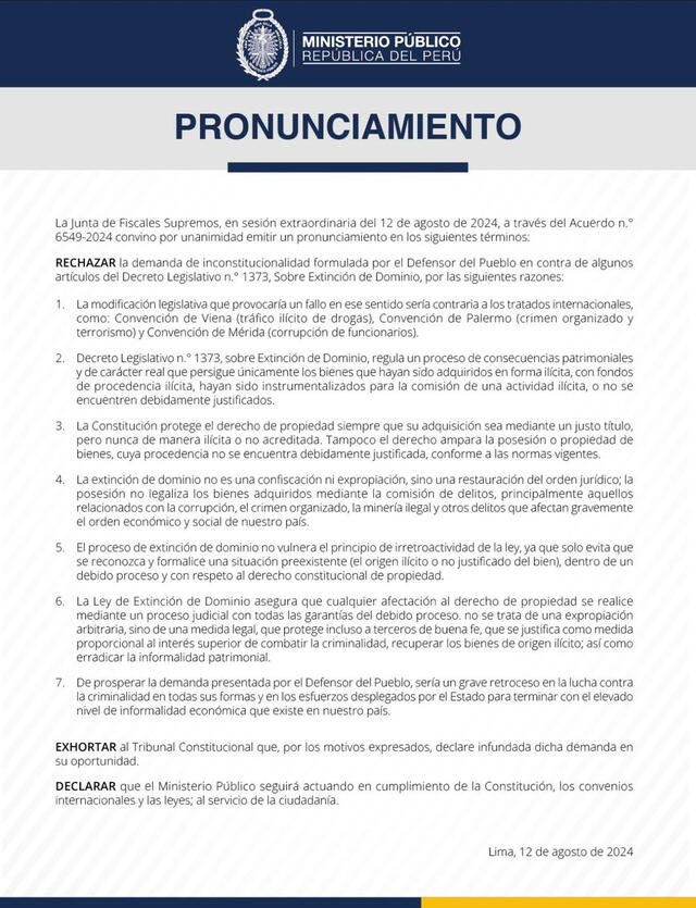  Pronunciamiento sobre la demanda presentada por el Defensor del Pueblo contra la ley de extinción de dominio.| Foto: Ministerio Público / X.   