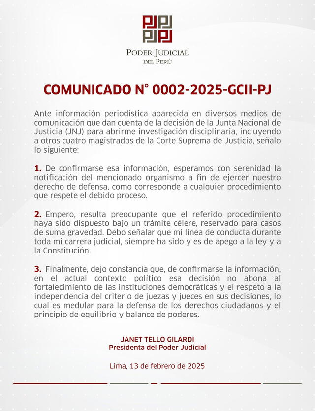  Comunicado de Janet Tello ante proceso disciplinario de la JNJ en su contra | Fuente: PJ.    