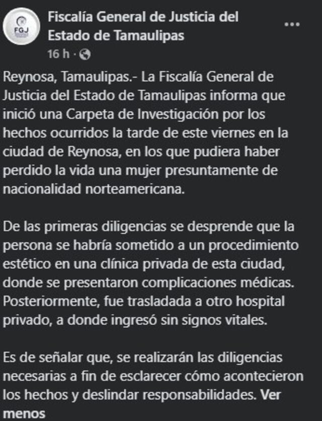  Comunicado oficial. Fuente: Fiscalía General de Justicia del Estado de Tamaulipas   
