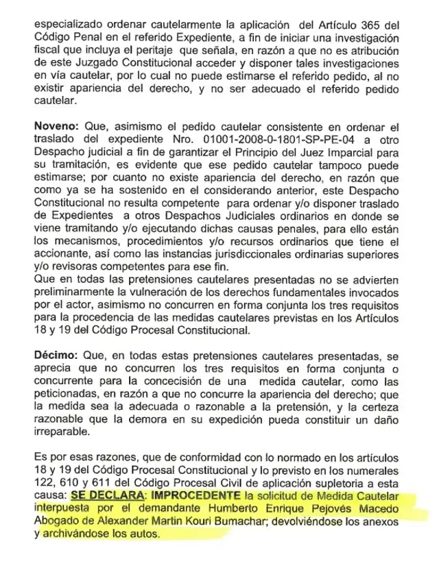  Resolución del PJ que declara improcedente medida cautelar presentada por defensa de Alex Kouri para postular este 2026 | Foto: difusión.    
