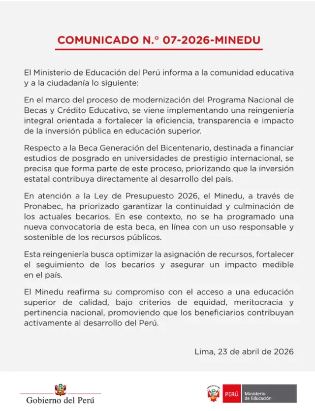 Minedu, Pronabec, Beca Generación del Bicentenario