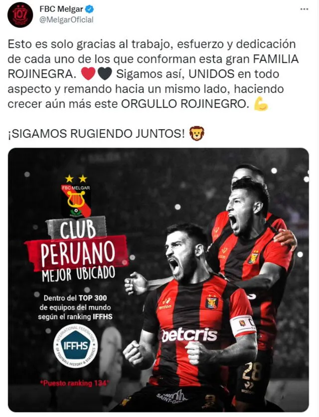 El club rojinegro destacó ser el mejor club peruano. Foto: captura de @MelgarOficial/Twitter