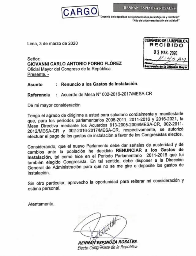 Documento de Espinoza enviado al Congreso.