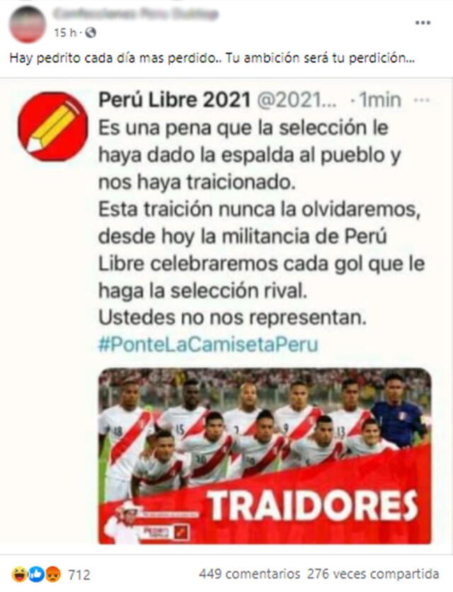 Tuit de cuenta falsa dice que Perú Libre celebrará goles de la selección rival por campaña de futbolistas contra Castillo. Foto: captura en Facebook.