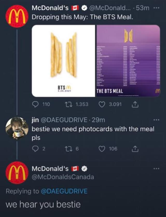 Respuesta sobre el photocard en el BTS Meal de McDonald's Canadá. Foto: captura Twitter