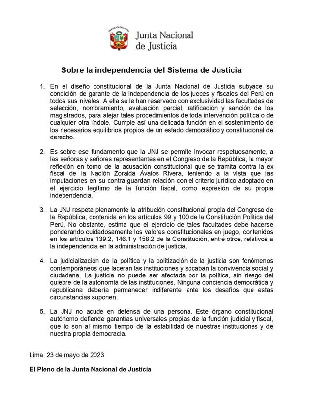 JNJ recalcó que su pronunciamiento no buscaba defender a Ávalos, sino cuidar las garantías propias de la función judicial. Foto: Twitter   