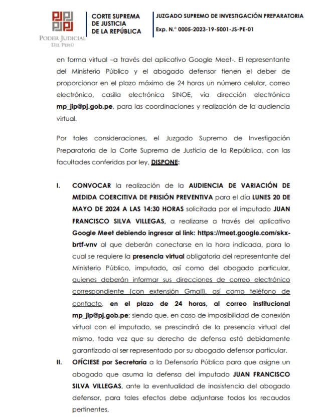 El Juzgado Supremo convoca audiencia para evaluar el pedido de Juan Silva, exministro de Pedro Castillo. Foto: Poder Judicial   
