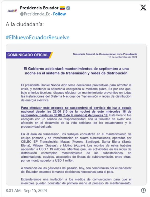  El apagón, se llevará a cabo desde las 22:00 horas del miércoles hasta las 06:00 horas del jueves. Foto: Twitter Presidencia Ecuador.   