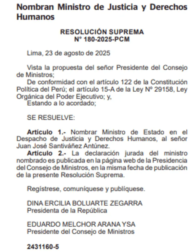  Designación de Juan Santiváñez se oficializa en El Peruano   