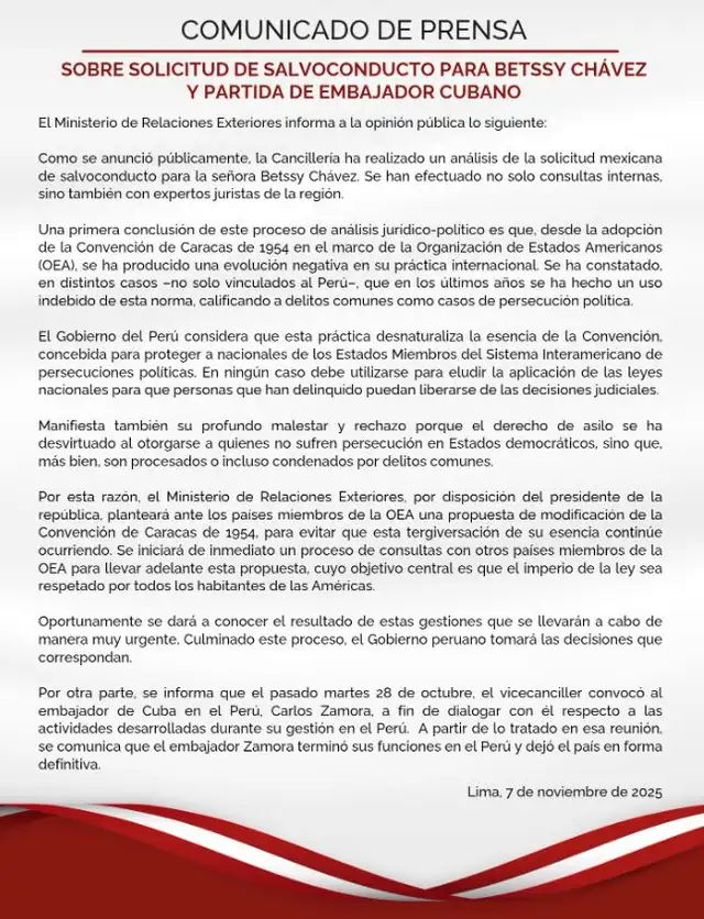 Cancillería y su comunicado sobre Betssy Chávez. Cancillería y su comunicado sobre Betssy Chávez.