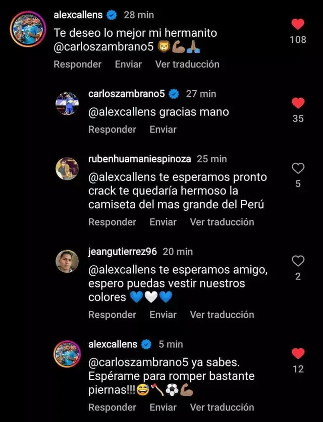 Comentario entre Carlos Zambrano y Alexander Callens. Foto: captura Instagram