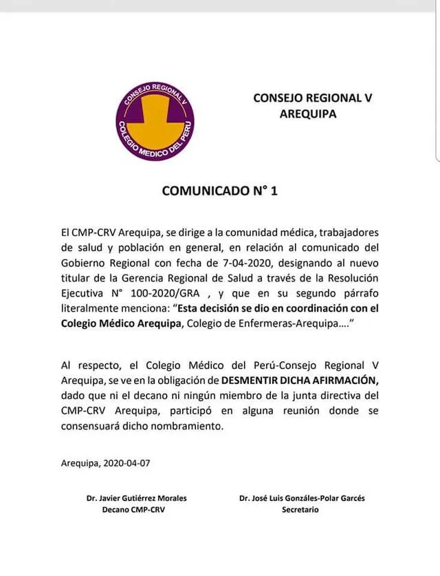 Colegio Médico de Arequipa emitió pronunciamiento.