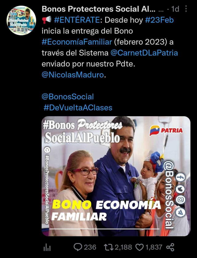 El pago del Bono Economía Familiar se viene realizando desde el 23 de febrero del 2023. Foto: Sistema Patria