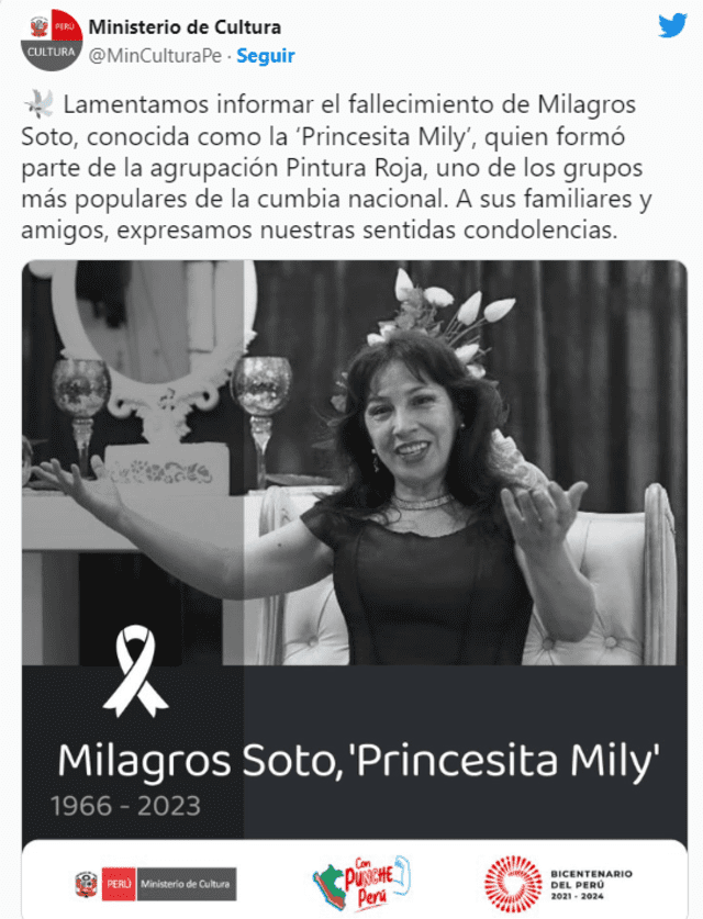 Ministerio de Cultura lamenta el fallecimiento de la Princesita Mily. Foto: captura de Twitter 