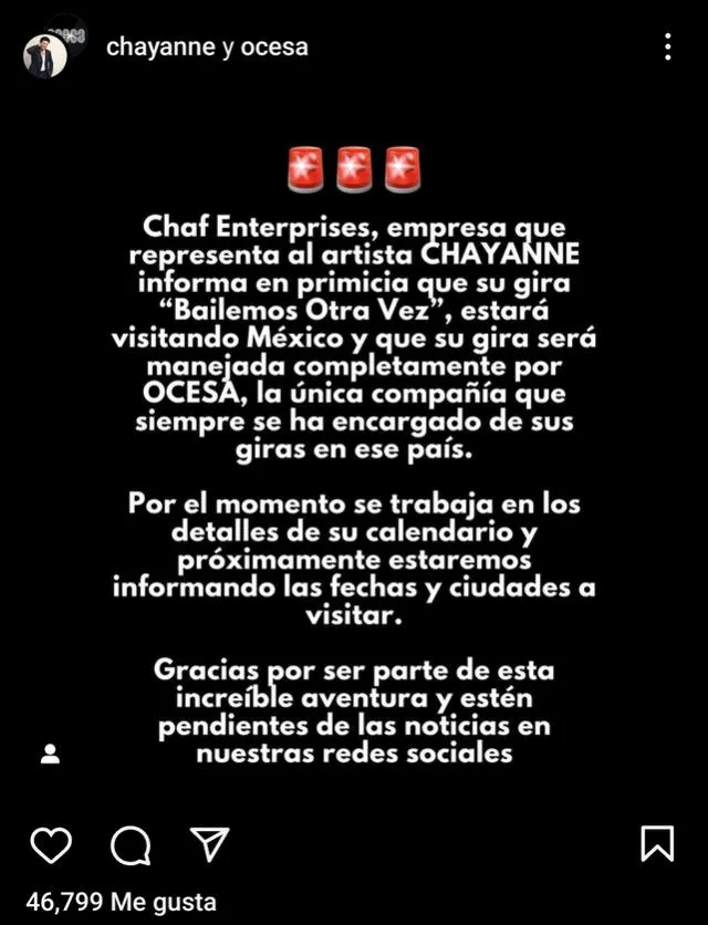 Chayanne anuncia su esperado regreso a México con la gira "Bailemos Otra Vez". Foto: Instagram chayanne/ ocesa   