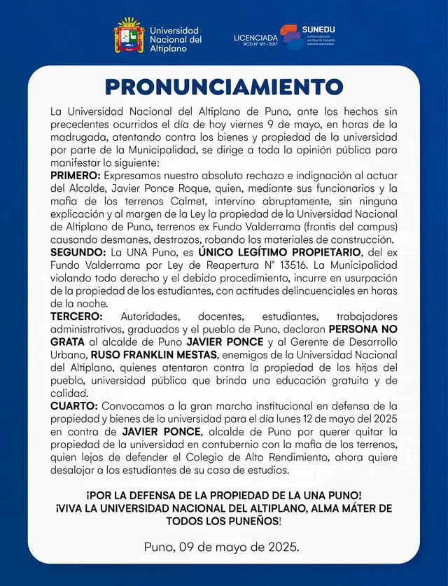 Comunicado oficial. Foto: UNA Puno Comunicado oficial. Foto: UNA Puno