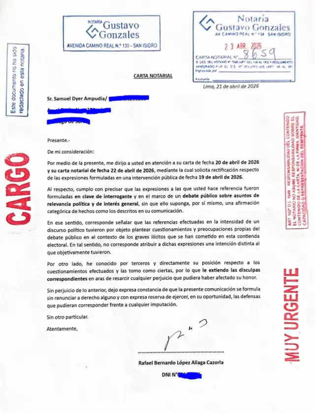 Carta notarial en la que López Aliaga le pide disculpas a Samuel Dyer