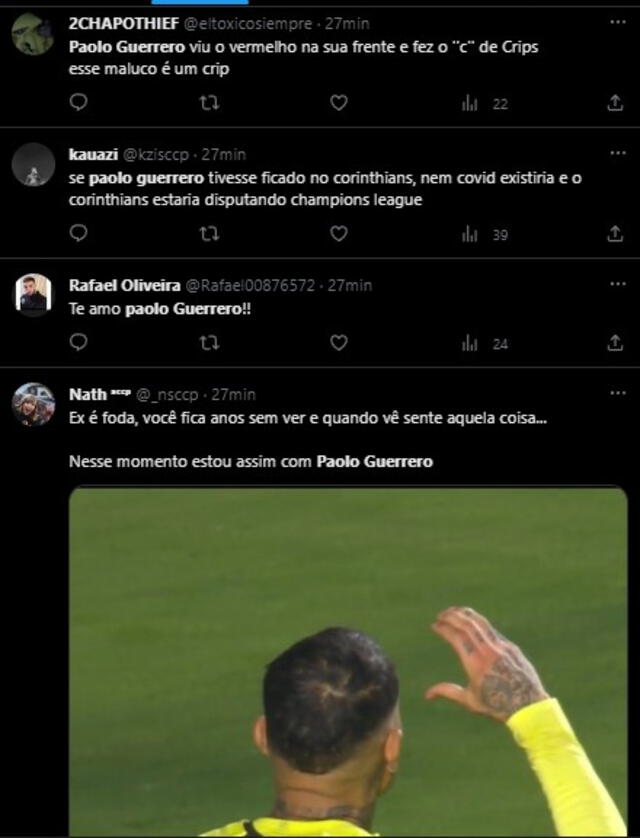  Tuits de hinchas de Corinthians sobre Paolo Guerrero. Foto: captura de Twitter   